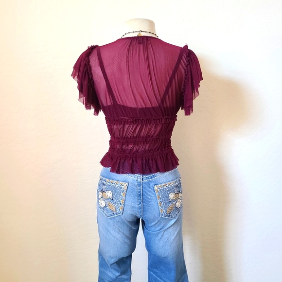 💜2 for 25$ Purple/Maroon Sheer Crop Top Blouse With Ruffles NWT,  Boho, Bold - Picture 2 of 7